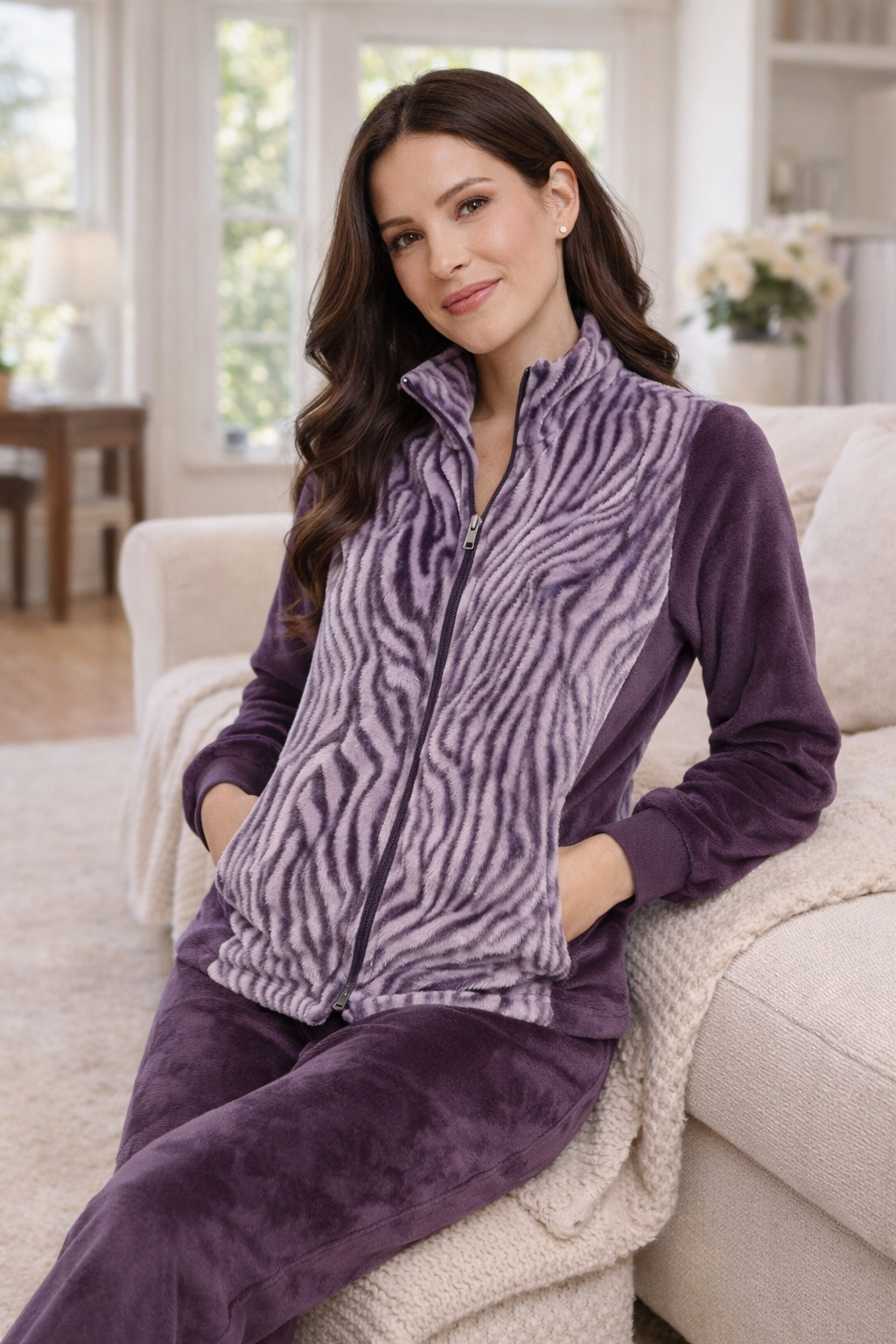 MONT CHALET Damen-Hausanzug 3D-Animaldesign Mikrofaser Chinchilla Stehkragen