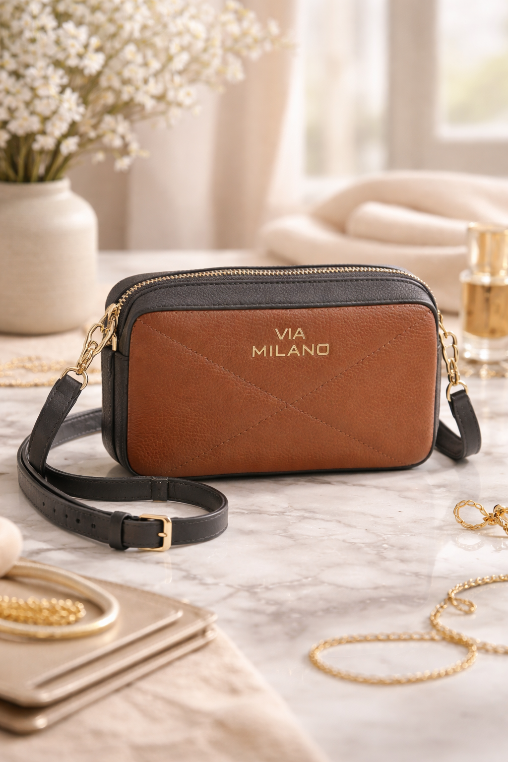 VIA MILANO Umhängetasche echt Leder Reißverschluss verstellbarer Riemen