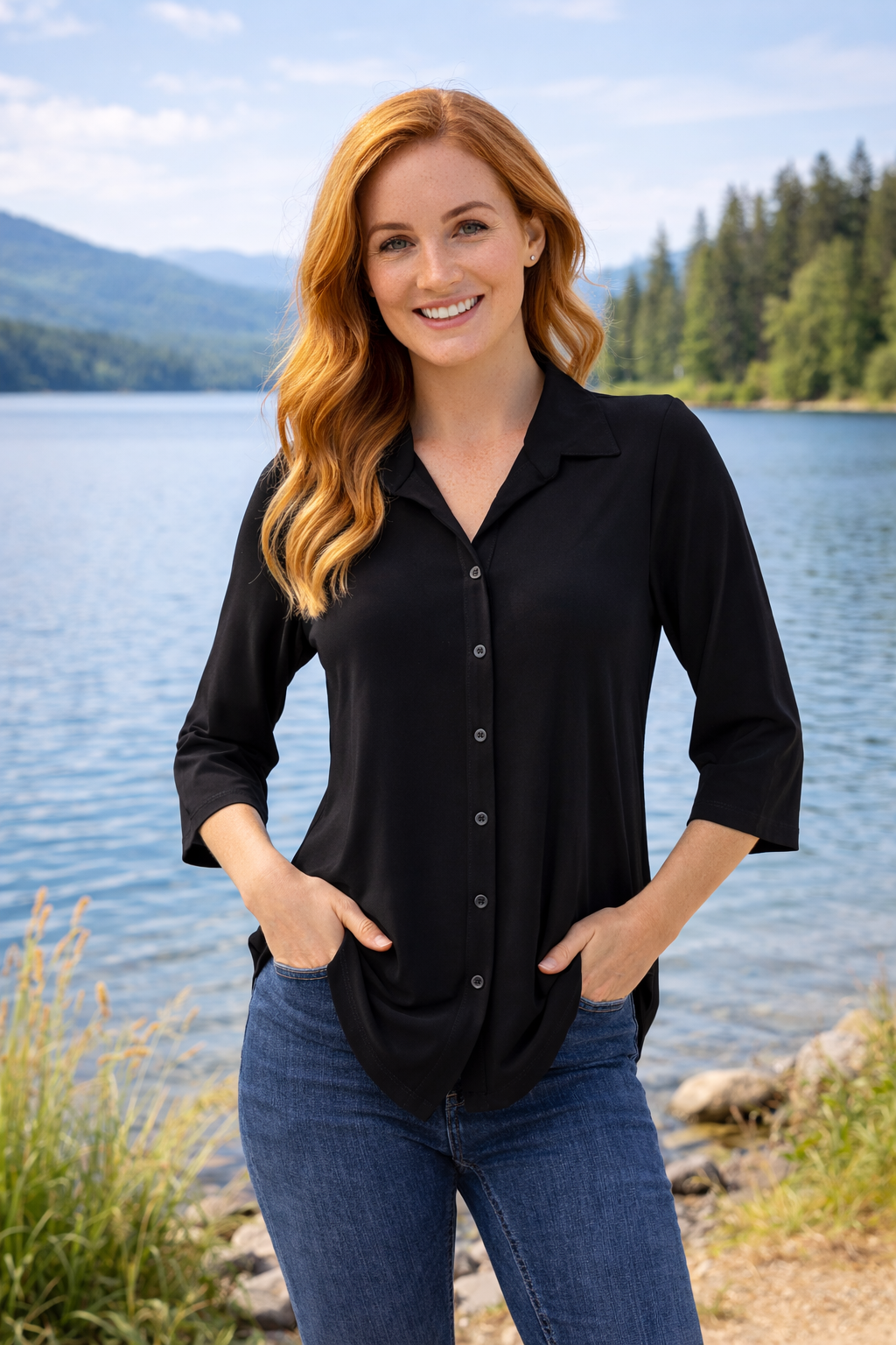 KIM & CO. Jerseybluse, 3/4-Arm Brazil Knit Jersey Knopfleiste