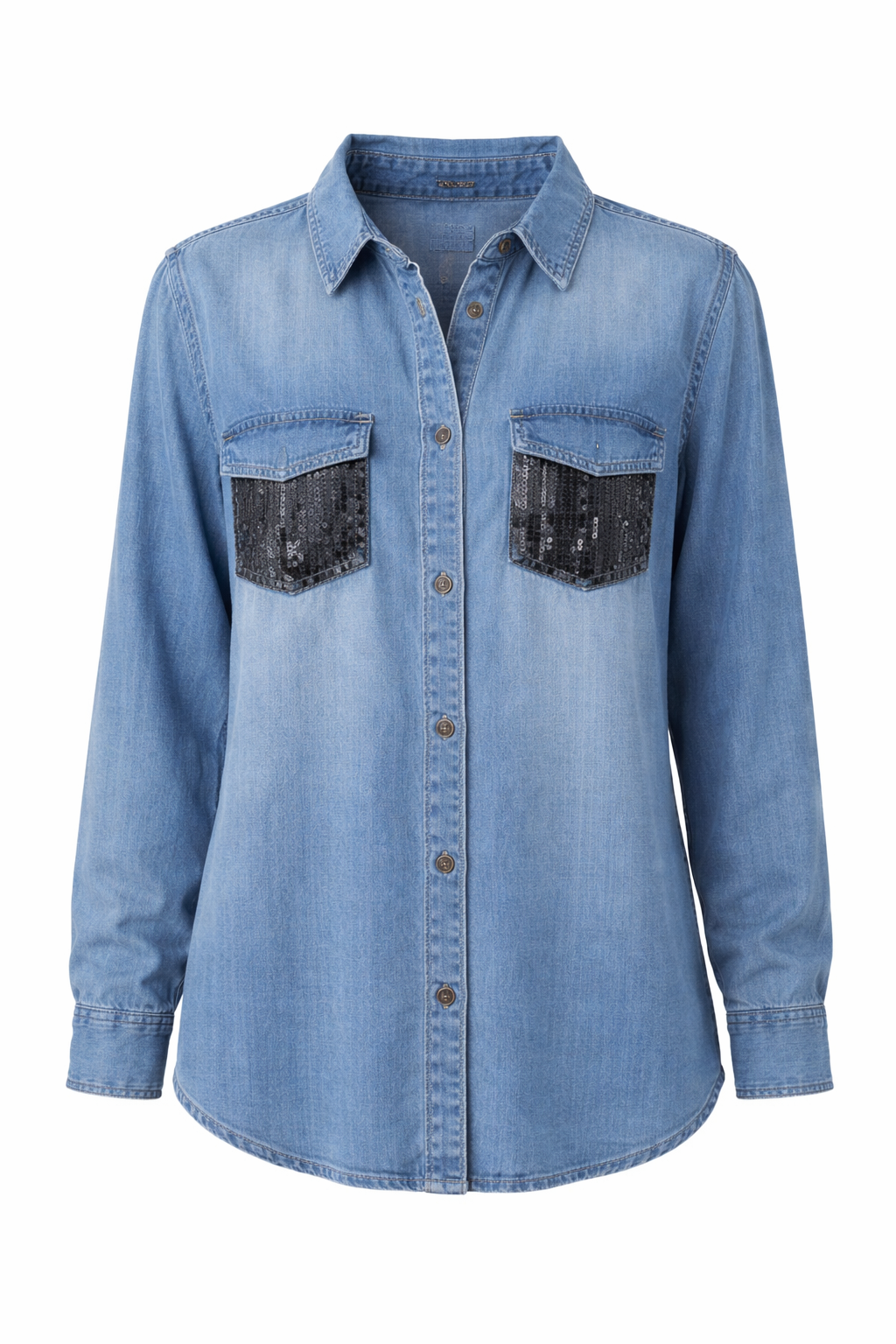 STRANDFEIN Bluse Denim-Optik Brusttaschen mit Pailletten