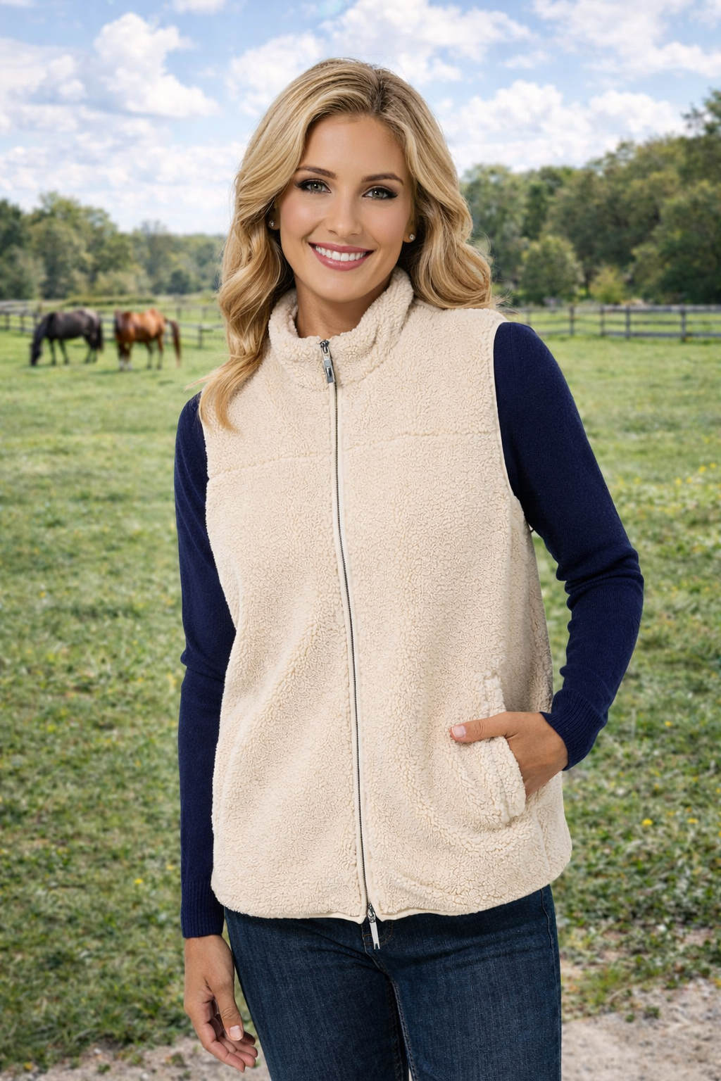 DENIM & CO. Weste, ohne Arm Teddy-Optik 2-Wege-Reißverschluss Eingrifftaschen