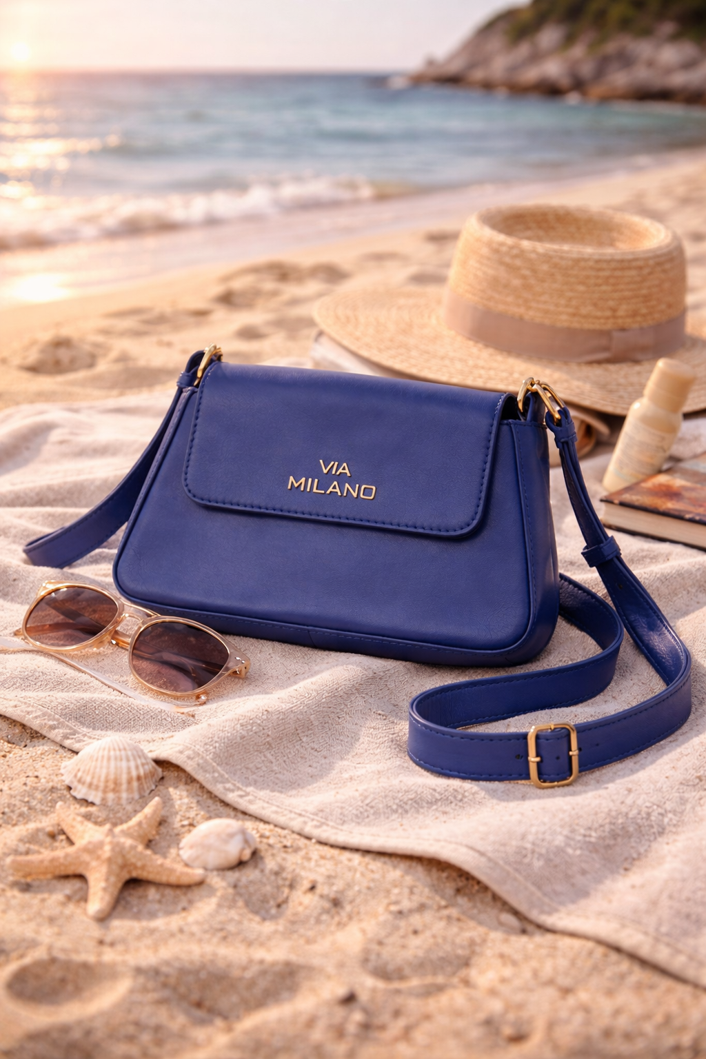 VIA MILANO Henkeltasche echt Leder Überschlag verstellbarer Riemen
