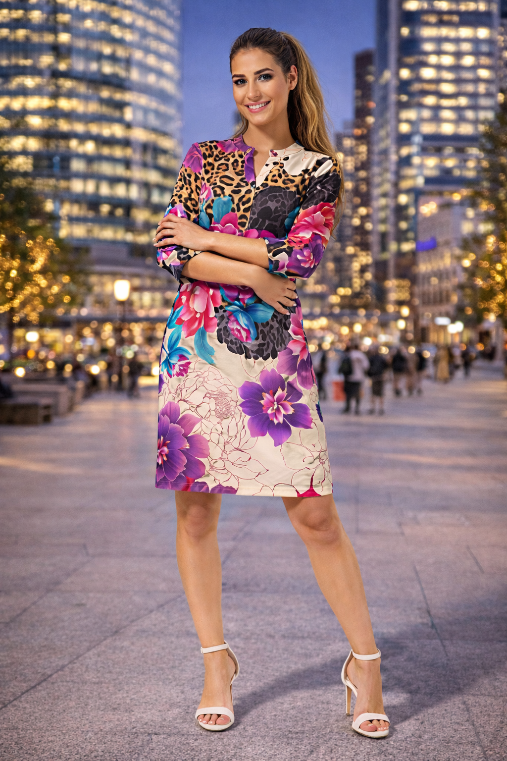 ANNI FOR FRIENDS Kleid, 1/1-Arm Serafino-Ausschnitt platzierter Druck